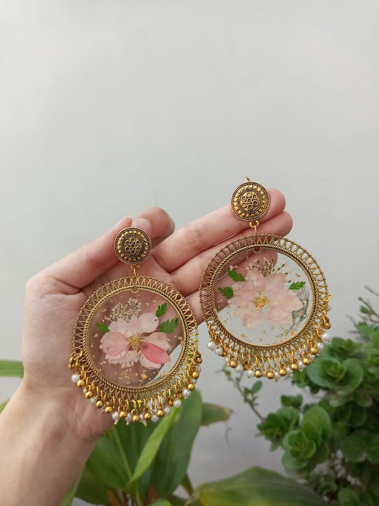 RESIN PRESERVED PINK  FLOWER jHUMKA  EARRINGS