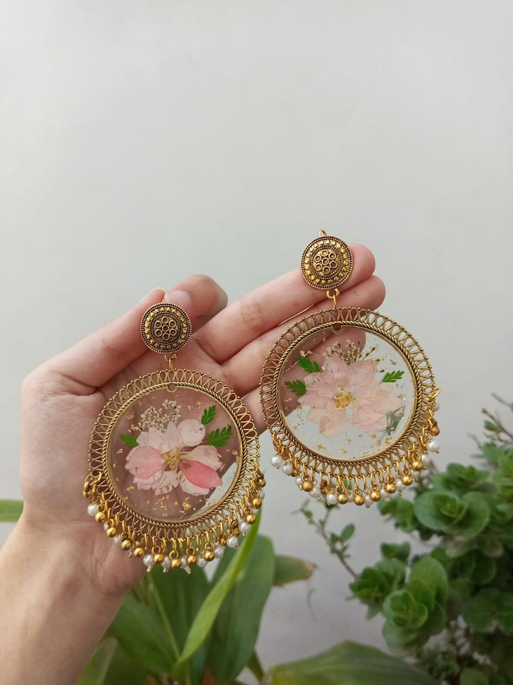RESIN PRESERVED PINK  FLOWER jHUMKA  EARRINGS