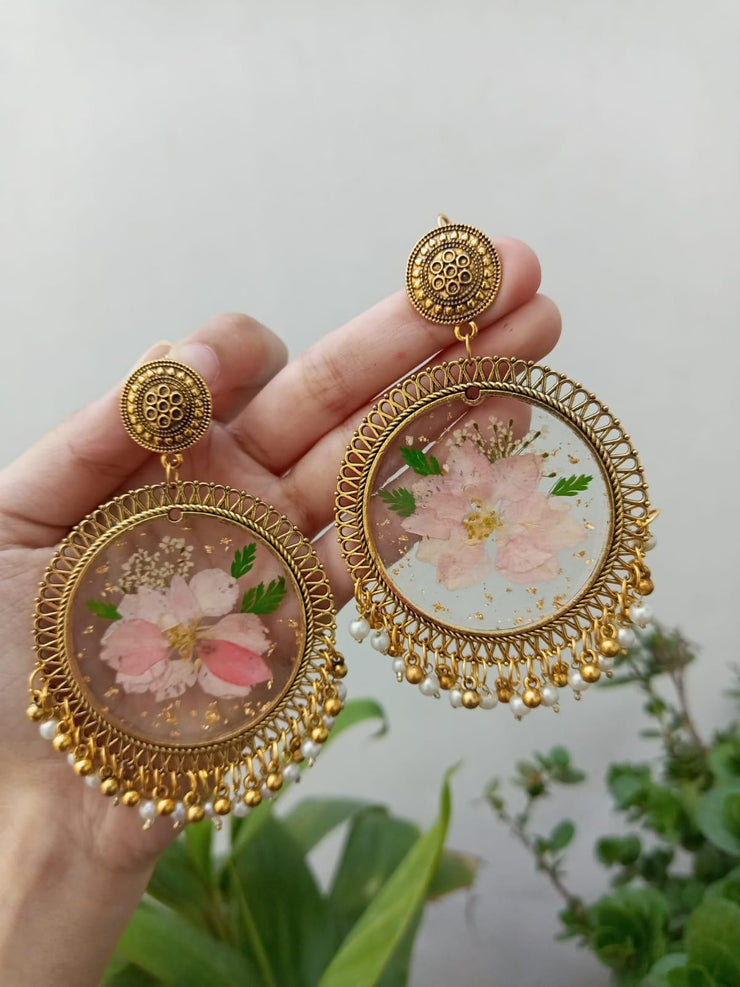 RESIN PRESERVED PINK  FLOWER jHUMKA  EARRINGS