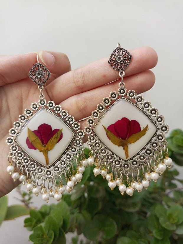 Resin Preserved Diamond Bud  Rose  Preserve Jhumka Earrings