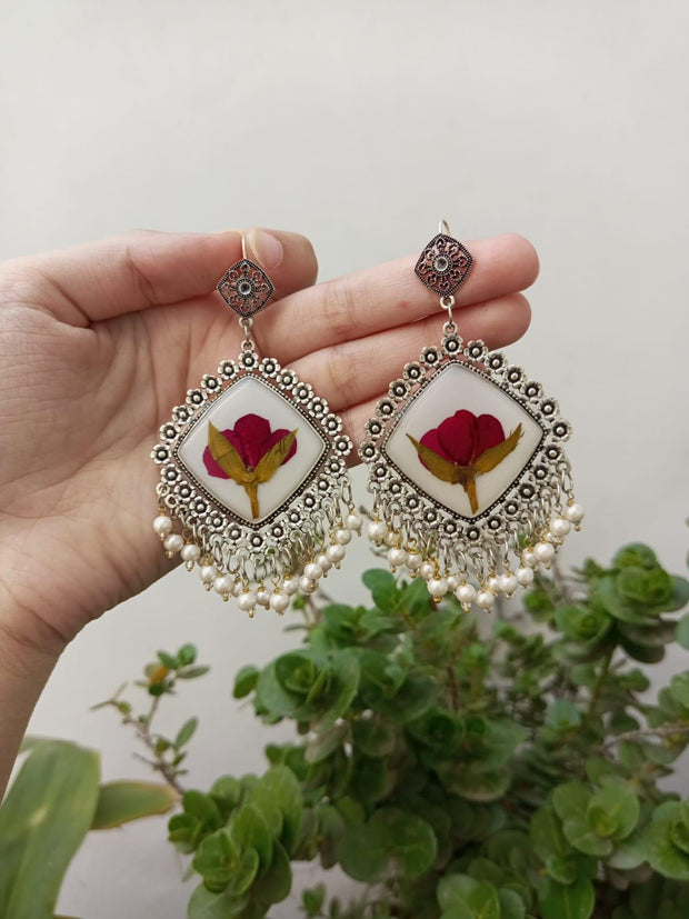 Resin Preserved Diamond Bud  Rose  Preserve Jhumka Earrings