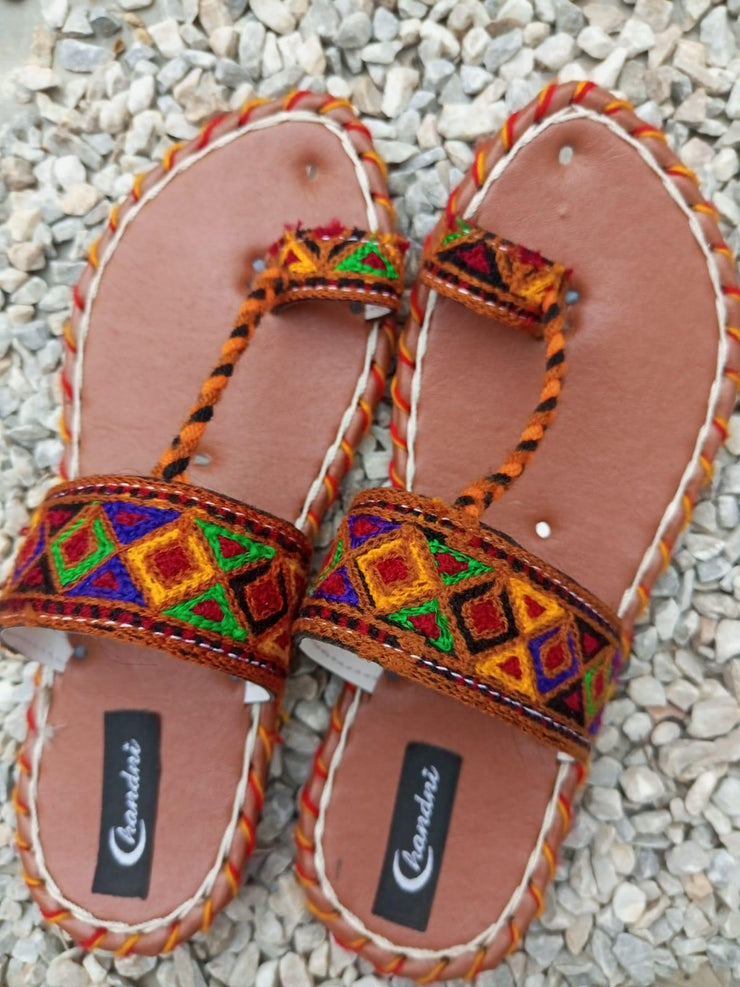 CHK-455-Handmade embroidered Brown Multi kolhapuri