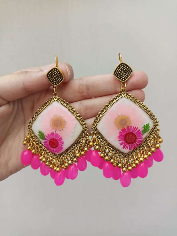 Resin Preserved Diamond   Pink Flower Preserve Jhumka Earrings with Pink Pearls Hanging