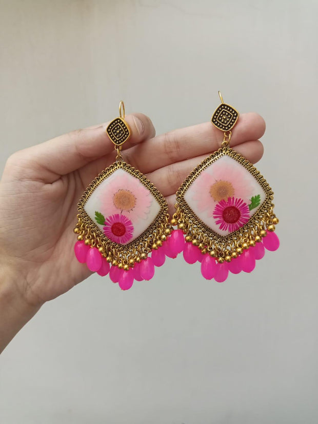Resin Preserved Diamond   Pink Flower Preserve Jhumka Earrings with Pink Pearls Hanging