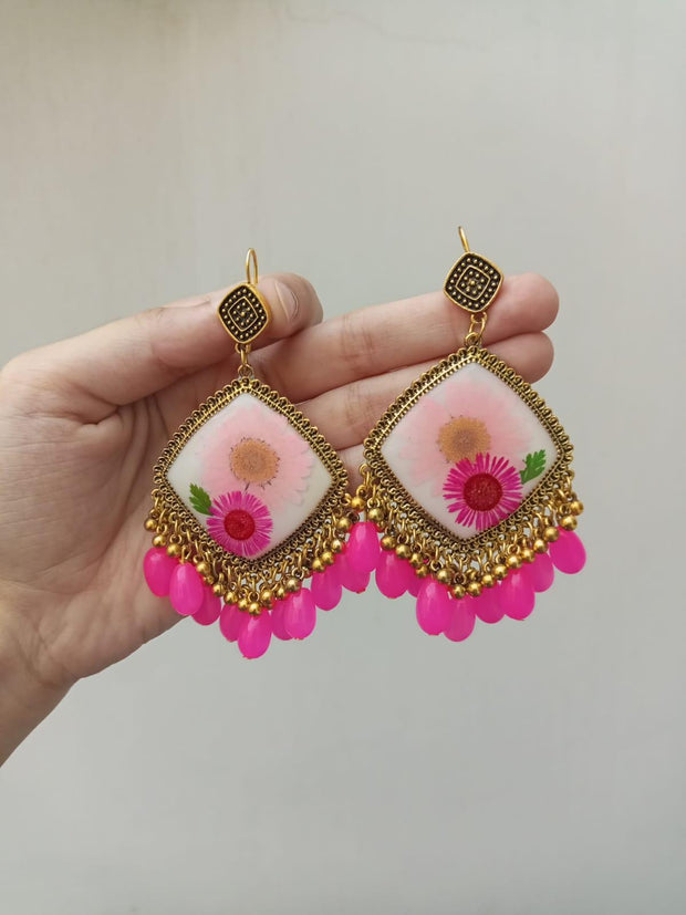 Resin Preserved Diamond   Pink Flower Preserve Jhumka Earrings with Pink Pearls Hanging