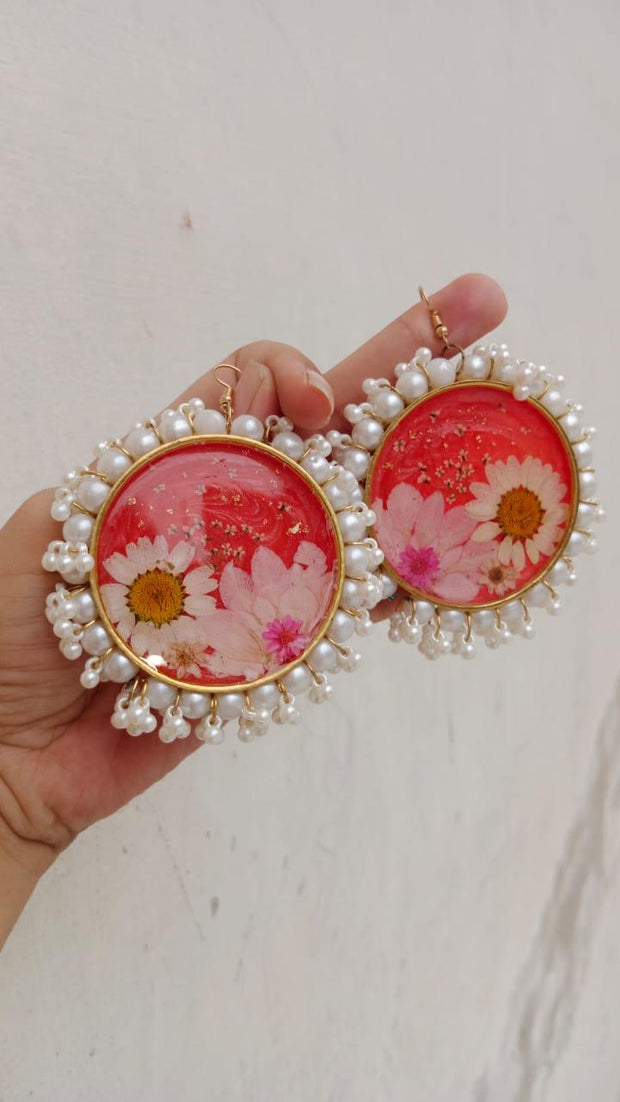 Resin Preserved White Pearls Round Flower  Preserve Jhumka Earrings