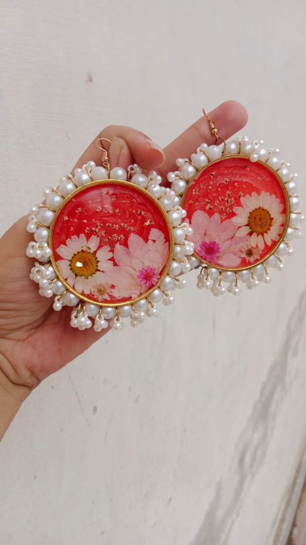 Resin Preserved White Pearls Round Flower  Preserve Jhumka Earrings