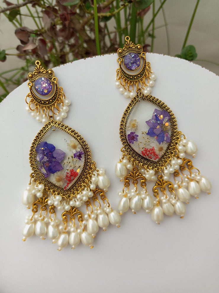 Flat Pressed Resin Preserved Dried Flower Rose Chandni   Jhumka Earrings jewelry