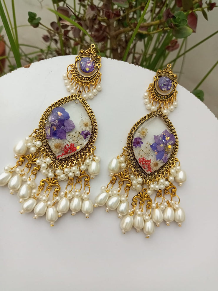 Flat Pressed Resin Preserved Dried Flower Rose Chandni   Jhumka Earrings jewelry