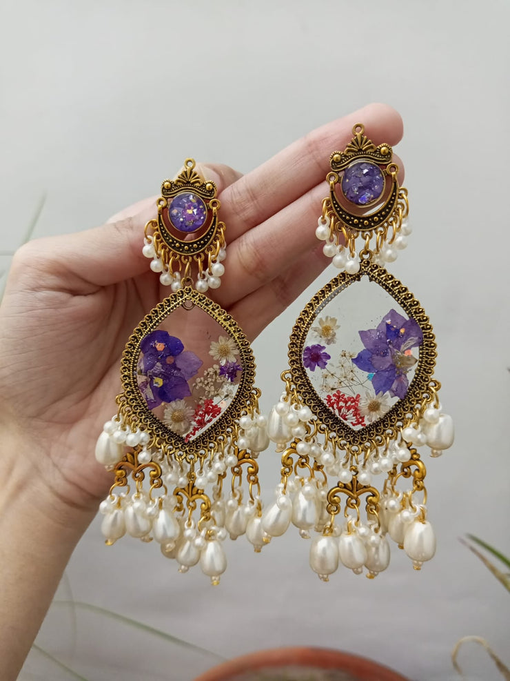 Flat Pressed Resin Preserved Dried Flower Rose Chandni   Jhumka Earrings jewelry