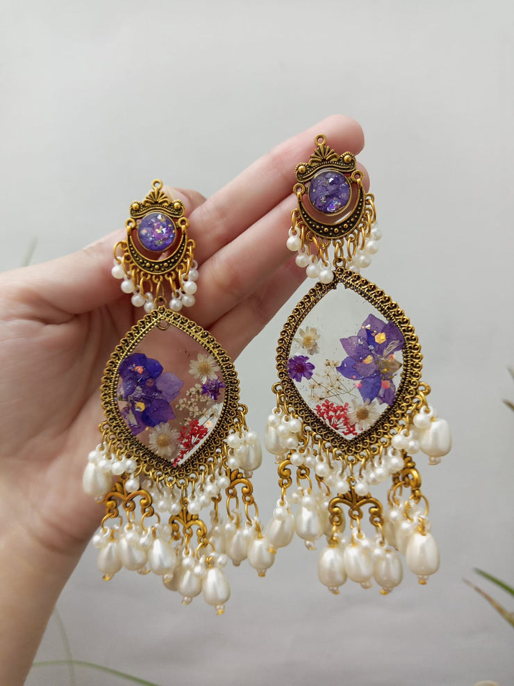 Flat Pressed Resin Preserved Dried Flower Rose Chandni   Jhumka Earrings jewelry