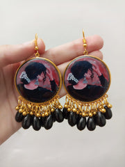 Resin Preserved   Painting  Earrings wiht Black Pearls