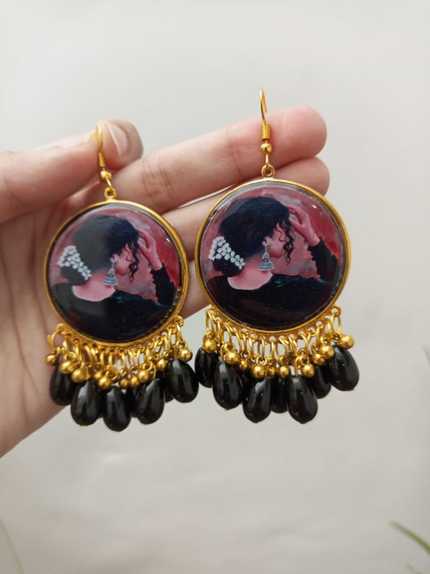 Resin Preserved   Painting  Earrings wiht Black Pearls