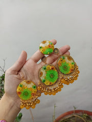 Flat Pressed Resin Preserved Fresh Petal Charms Epoxy Dried Flower Mehandi Theme  Jhumka ,Ring,Pendent And Bindiya  Full Set