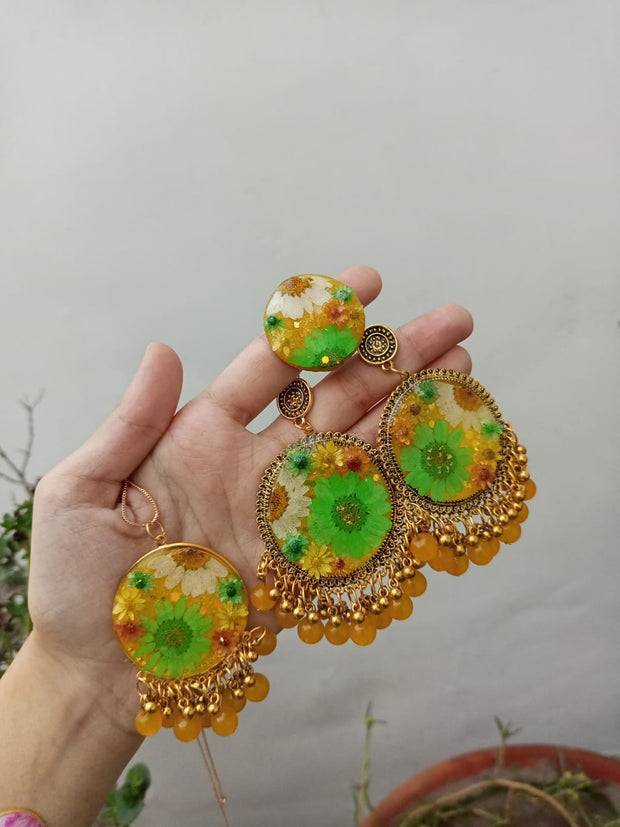 Flat Pressed Resin Preserved Fresh Petal Charms Epoxy Dried Flower Mehandi Theme  Jhumka ,Ring,Pendent And Bindiya  Full Set
