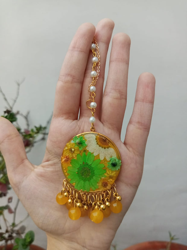 Flat Pressed Resin Preserved Fresh Petal Charms Epoxy Dried Flower Mehandi Theme  Jhumka ,Ring,Pendent And Bindiya  Full Set