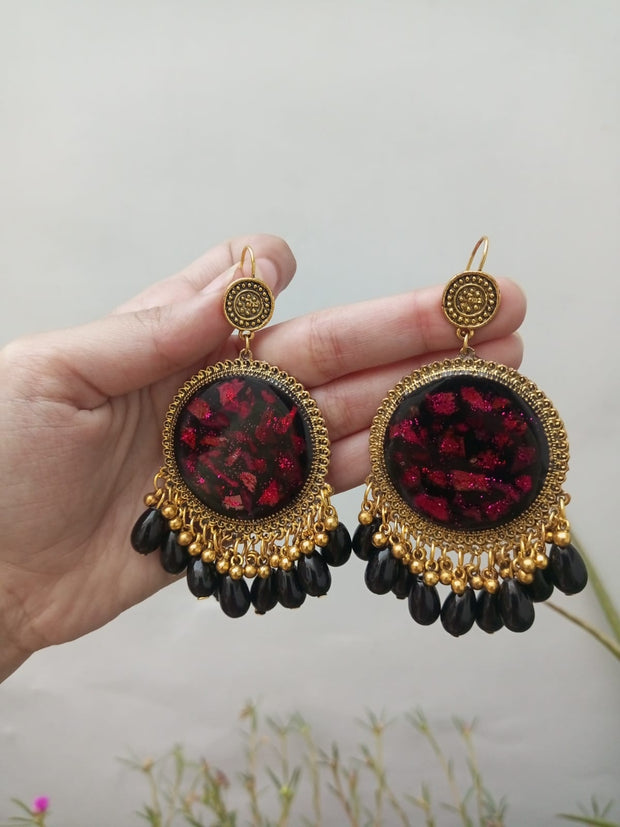 Resin Preserved Rose Petal Black Base   Jhumka Earrings