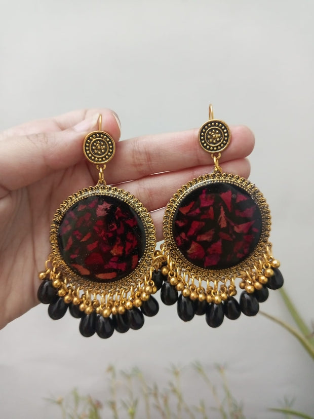 Resin Preserved Rose Petal Black Base   Jhumka Earrings