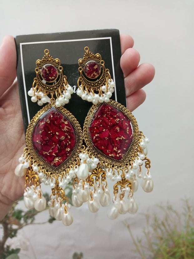 Flat Pressed Resin Preserved Fresh Petal Charms Epoxy Dried Flower Rose Chandni   Jhumka Earrings jewelry