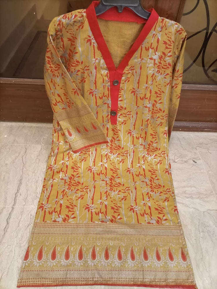YELLOW  FOIL  PRINTED  KHADDAR SHIRT