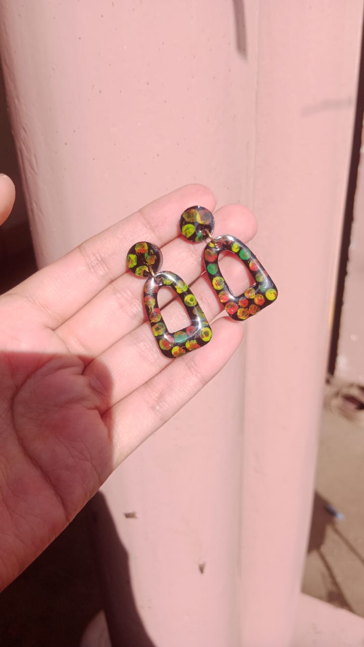 HAND PAINTED BLACK  MULTI  FLOWERS  RESIN EARRINGS