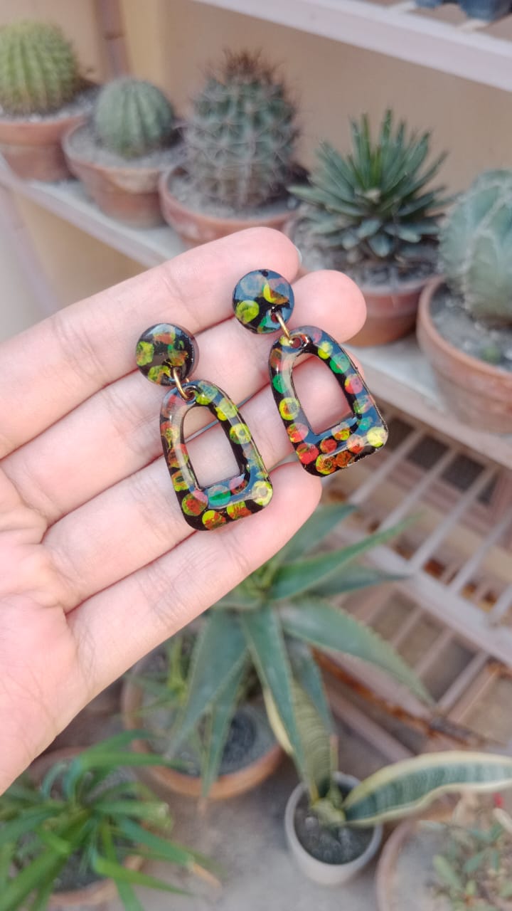 HAND PAINTED BLACK  MULTI  FLOWERS  RESIN EARRINGS