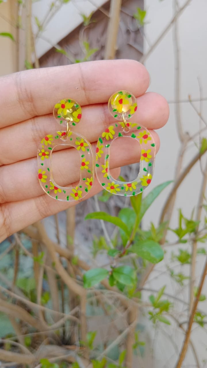 HAND PAINTED YELLOW FLOWERS TRANSPARENT RESIN EARRINGS