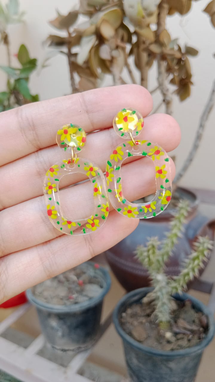 HAND PAINTED YELLOW FLOWERS TRANSPARENT RESIN EARRINGS