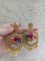 Flat Pressed Resin Preserved Dried Stem Flower Pearls  Jhumka Earrings jewelry
