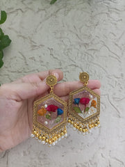 Flat Pressed Resin Preserved Dried Stem Flower Pearls  Jhumka Earrings jewelry