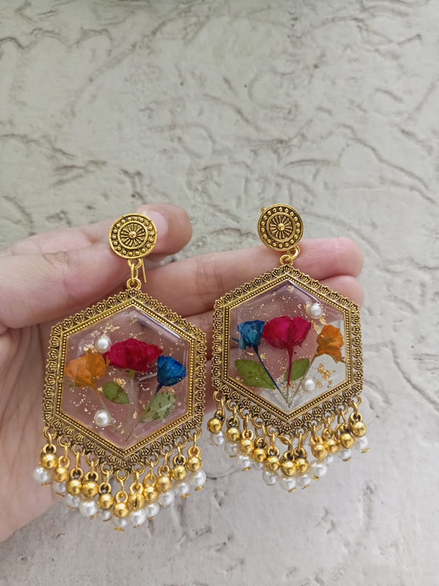 Flat Pressed Resin Preserved Dried Stem Flower Pearls  Jhumka Earrings jewelry