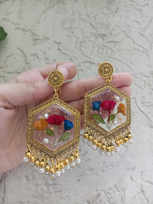 Flat Pressed Resin Preserved Dried Stem Flower Pearls  Jhumka Earrings jewelry