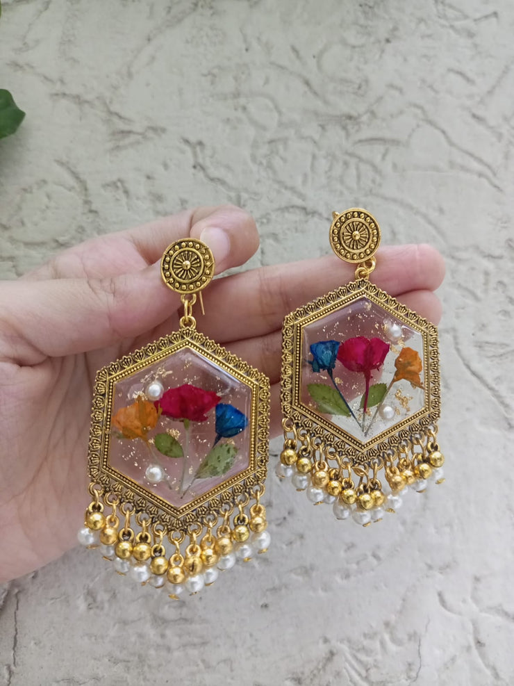 Flat Pressed Resin Preserved Dried Stem Flower Pearls  Jhumka Earrings jewelry