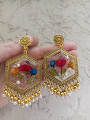 Flat Pressed Resin Preserved Dried Stem Flower Pearls  Jhumka Earrings jewelry