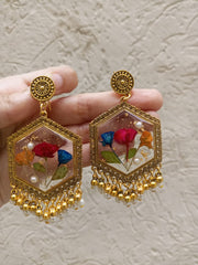 Flat Pressed Resin Preserved Dried Stem Flower Pearls  Jhumka Earrings jewelry