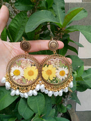PRESERVE YELLOW WHITE DAISY FLOWER IN  JHUMKA