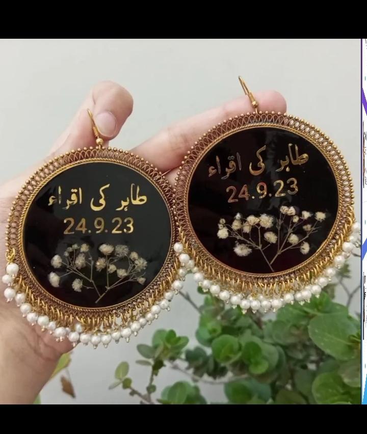 preserve white baby breath flower in oversize jhumka with date and " tahir ki iqra"