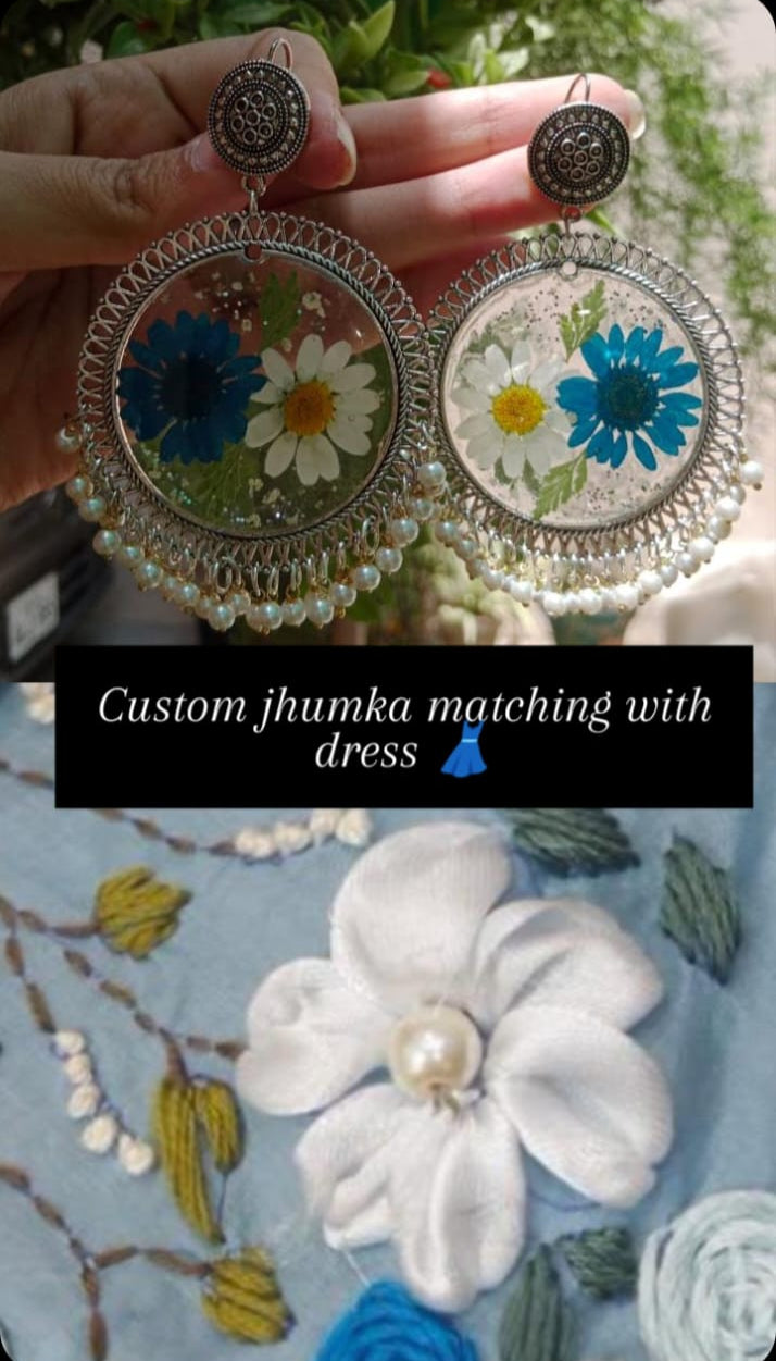 PRSERVE FLOWER IN  SILVER JHUMKA  AND MATCHING WITH DRESS