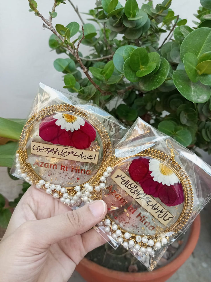 preserve flower in oversize jhumka with poetry and name