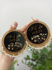 preserve white baby breath flower in oversize jhumka with date and " tahir ki iqra"