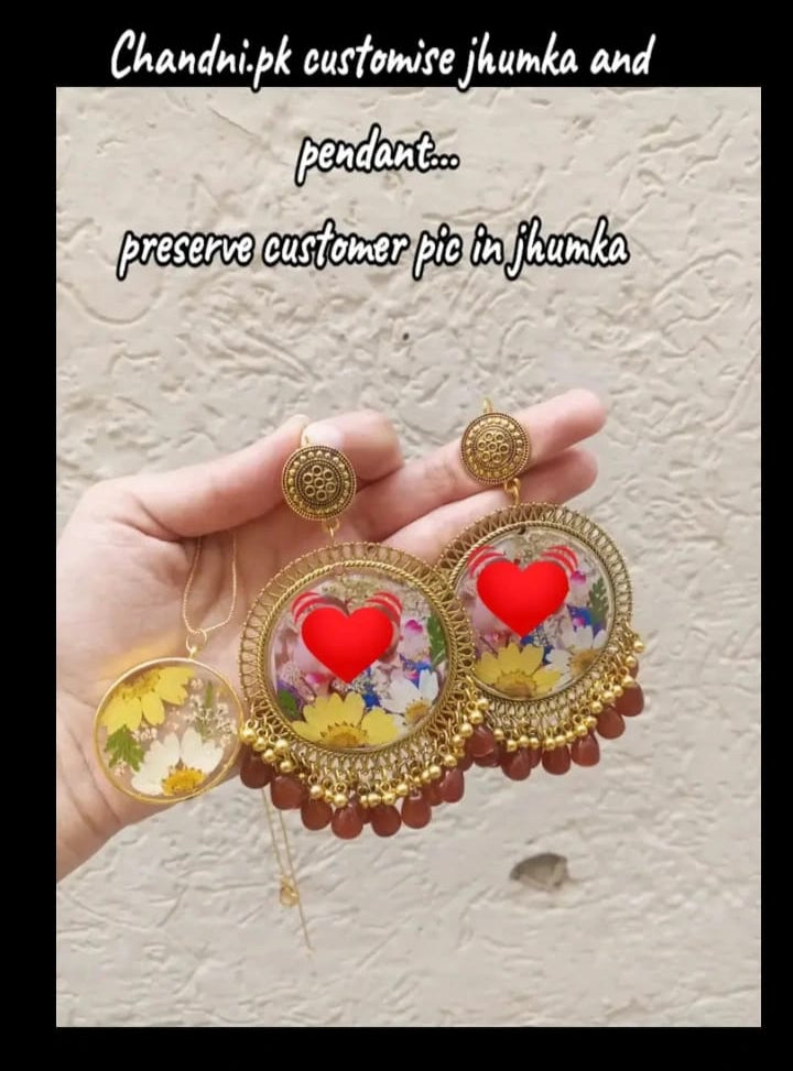 preserve flower and pic in jhumka and pendant