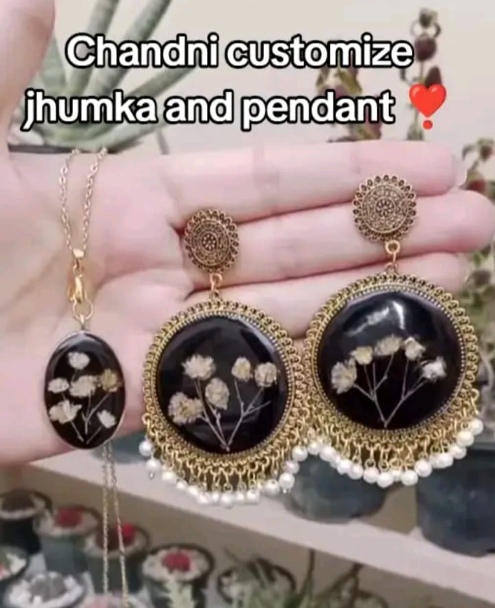 preserve baby breath flower in jhumka and pendant  ( custom desine )