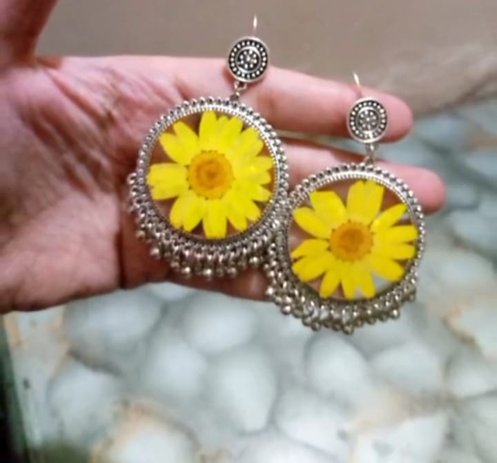 preserve yellow daisy  flower in jhumka  and pendant