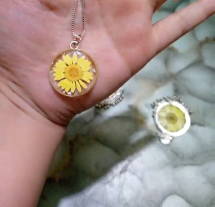 preserve yellow daisy  flower in jhumka  and pendant