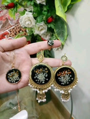 preserve flower in jhumka ,ring and pendant set with name "shanawarda"or  "وش "