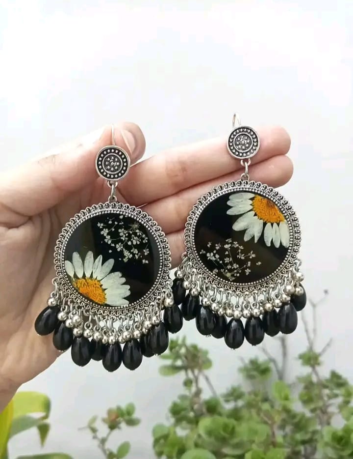 preserve flower in jhumka with black drop pearls hanging ( custom design)