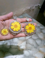 preserve yellow daisy  flower in jhumka  and pendant