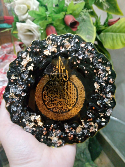 Black & Gold Ayat ul Kursi Resin Plaque with Crystal and Gold Foil Detailing( custom)