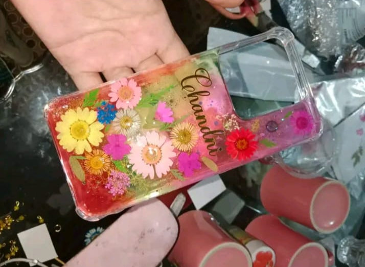 preserve flower in mobile cover with name "CHANDNI"