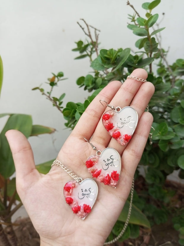 RESIN PRESERVED FLOWER "ISHQ" HEART EARRINGS AND PENDANT SET